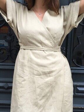 NWT Teddy + Rose Linen Blend Wrap Mini Dress Dolman Sleeve Tie Waist M Oatmeal